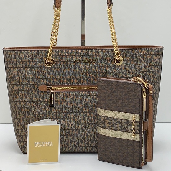 MICHAEL KORS Metallic Logo Chain Tote Bag & LARGE DOUBLE ZIP WRISTLET WALLET - Picture 13 of 16